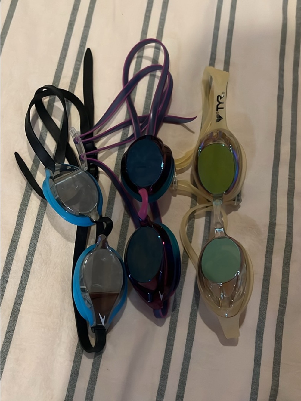 TYR and 2 Speedo Women's Racing Swim Goggles - Blue, Purple, and Beige
